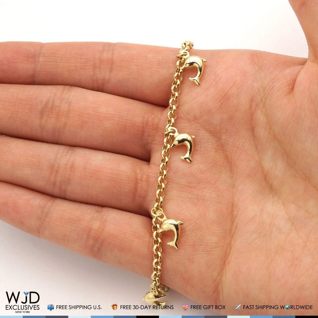 10K Yellow Gold Dolphin Rolo Spring Ring Clasp Anklet Bracelet 10"