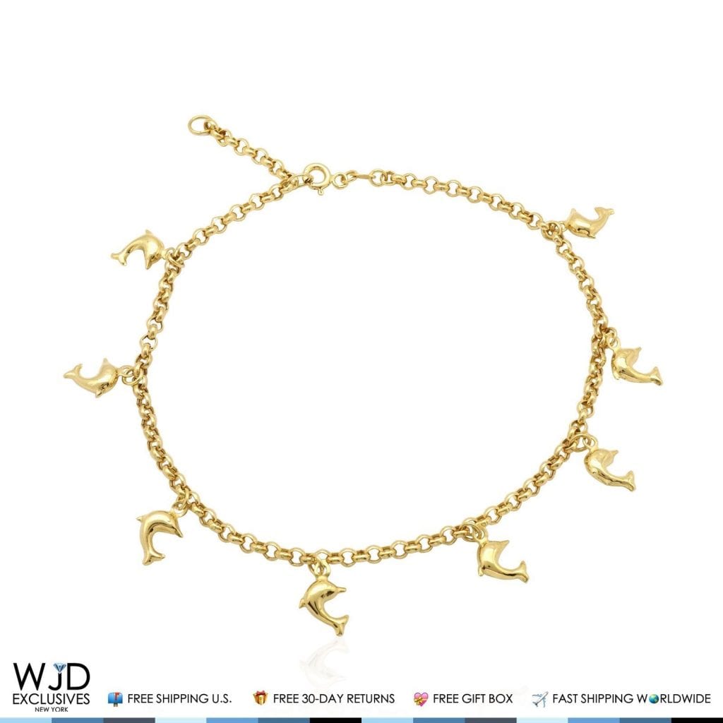 10K Yellow Gold Dolphin Rolo Spring Ring Clasp Anklet Bracelet 10"