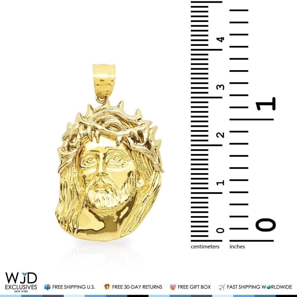 10K Yellow Gold Jesus Face Head Religious Charm Pendant 1.9"