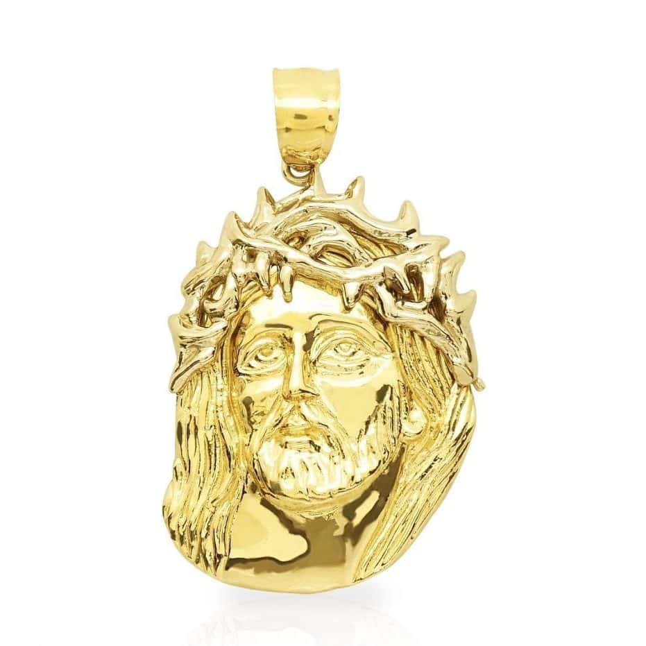 10K Yellow Gold Jesus Face Head Religious Charm Pendant 1.9"