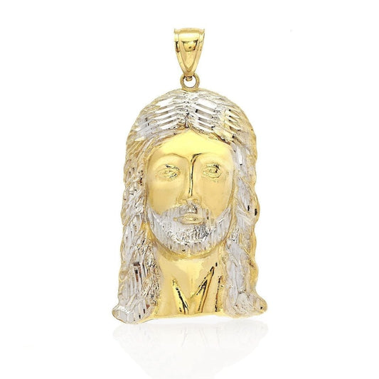 10K Yellow Gold Two-Tone Diamond-Cut Jesus Religious Head Charm Pendant 2.5"