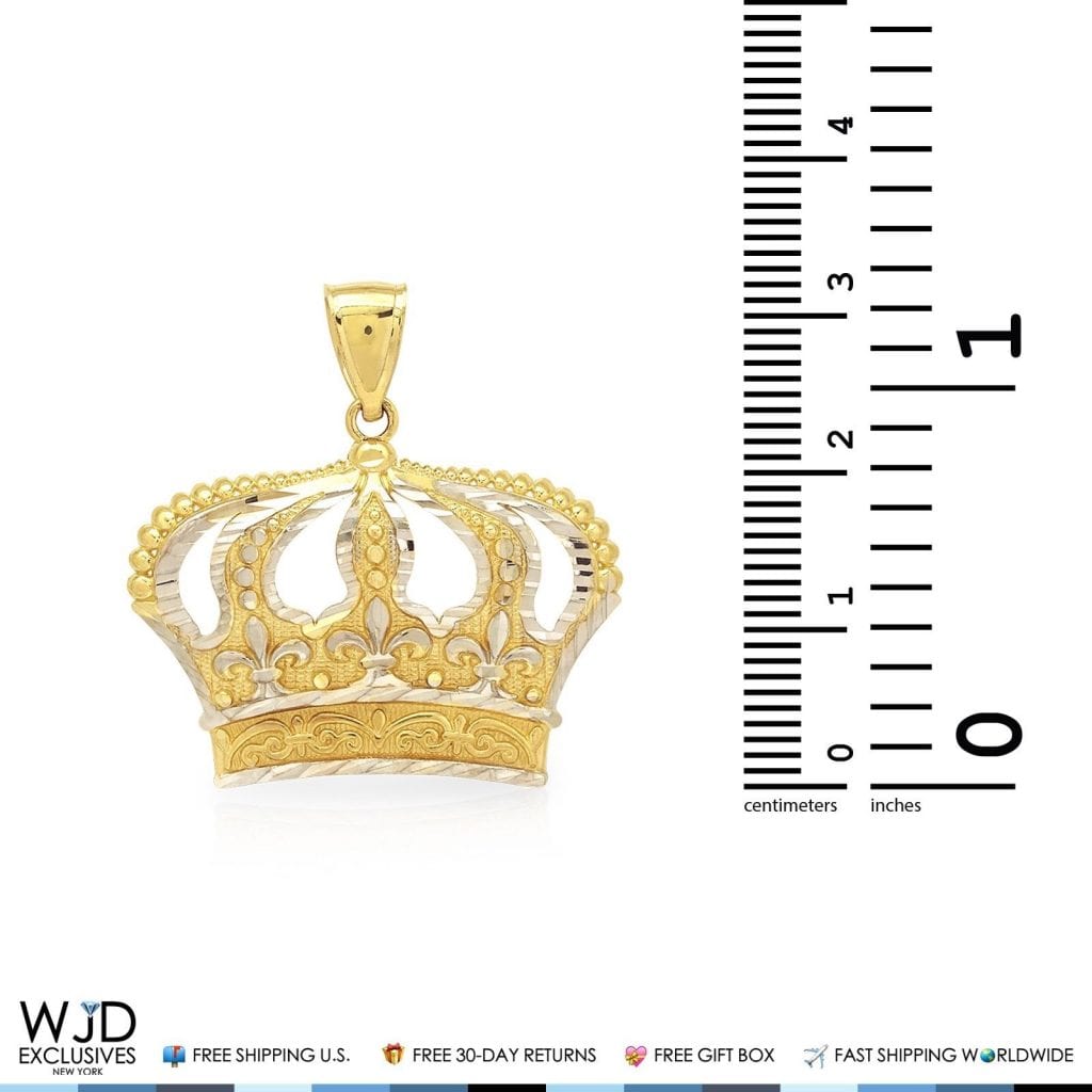 10K Yellow And White Gold Diamond Cut Design Open Big Crown Charm Pendant 1.3"