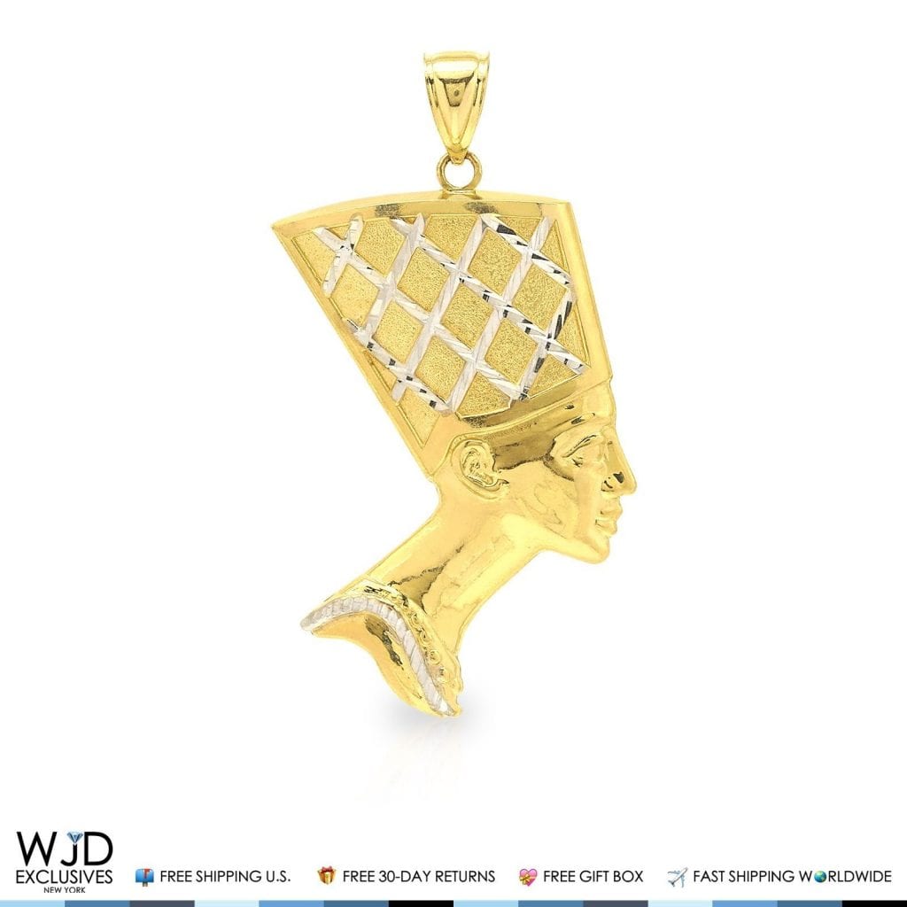 10K Yellow Gold Two Tone Egyptian Queen Nefertiti Pendant 2", 2.5"