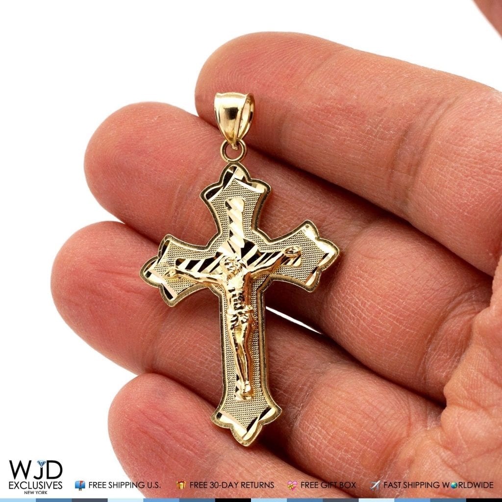 10k Yellow Gold Diamond Cut Jesus Crucifix Cross Religious Charm Pendant 2"