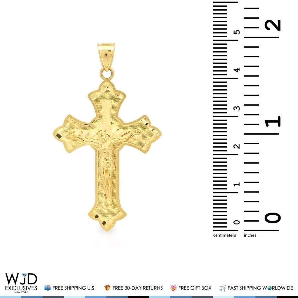 10k Yellow Gold Diamond Cut Jesus Crucifix Cross Religious Charm Pendant 2"