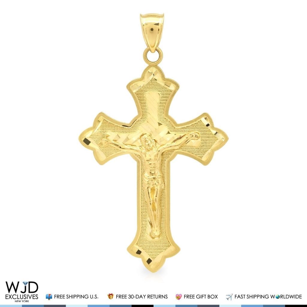 10k Yellow Gold Diamond Cut Jesus Crucifix Cross Religious Charm Pendant 2"