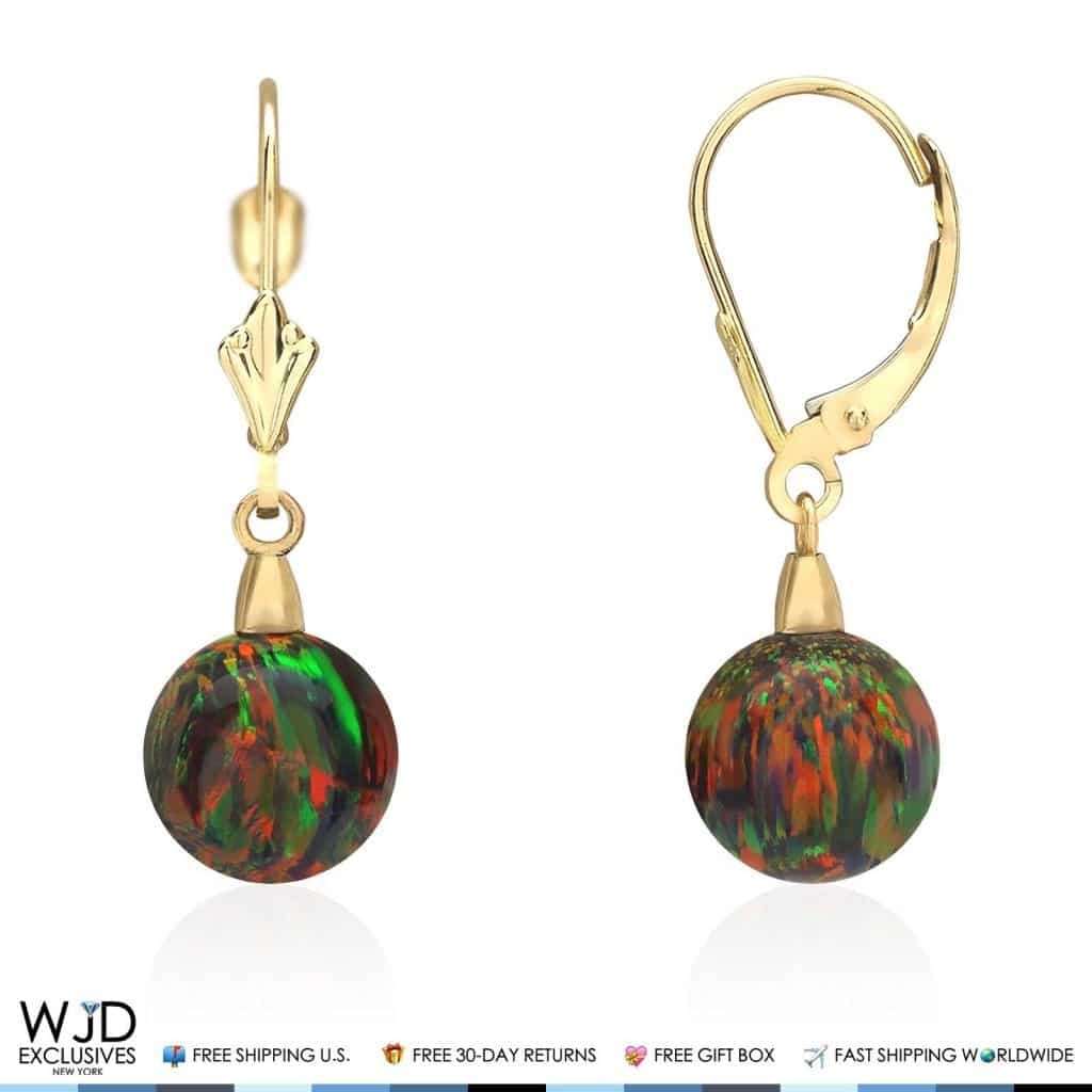 6mm-10mm Ball Shaped Black Fire Opal Dangle Leverback Earrings 14K Yellow Gold