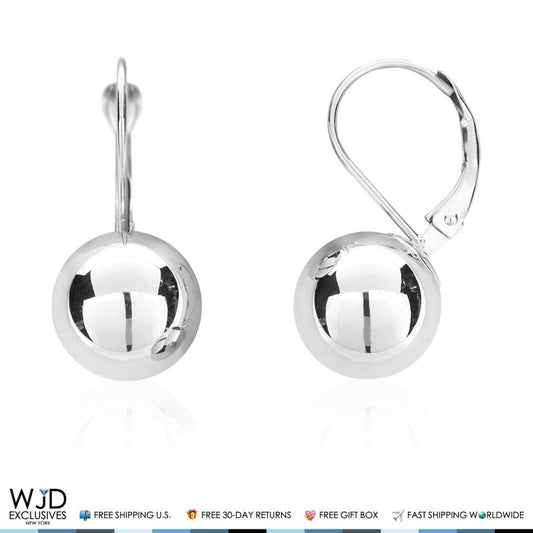 10mm Diameter Ball Lever Back Earrings 14K White Gold 0.9"