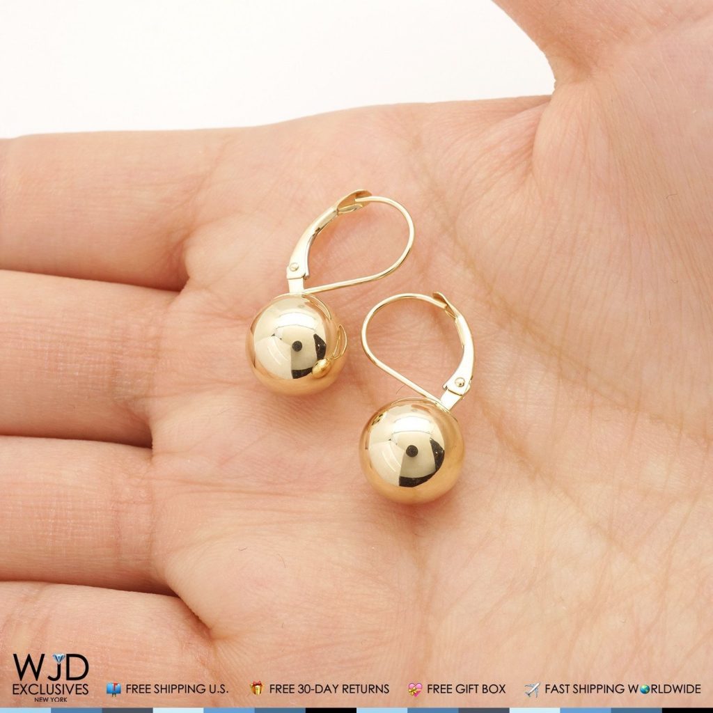 10mm Diameter Ball Lever Back Earrings 14K Solid Yellow Gold 0.9"
