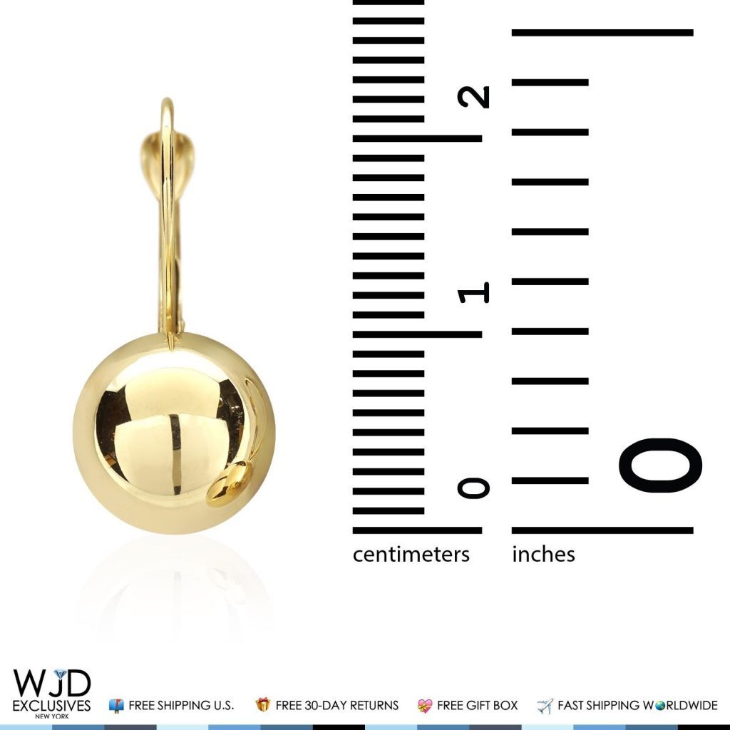 10mm Diameter Ball Lever Back Earrings 14K Solid Yellow Gold 0.9"