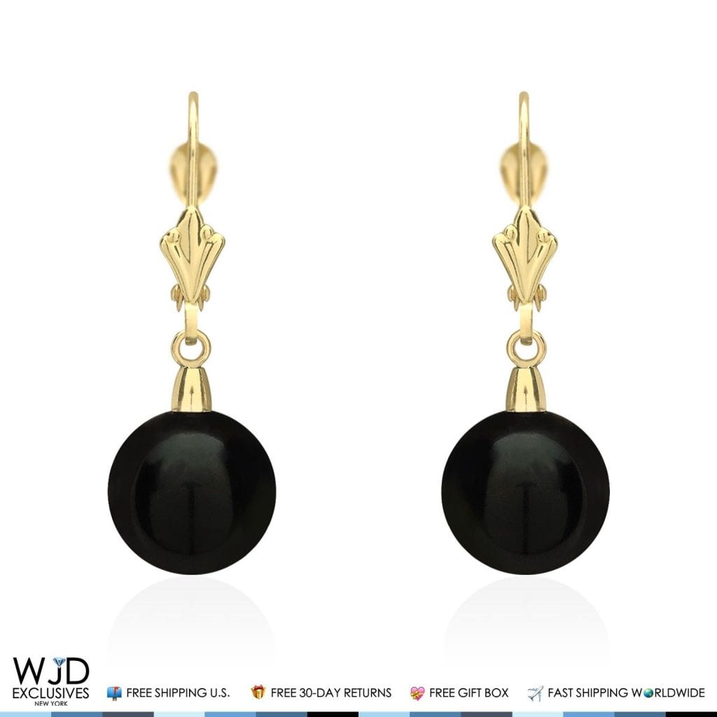 6mm-10mm Diameter Ball Shaped Onyx Dangle Leverback Earrings 14K Yellow Gold