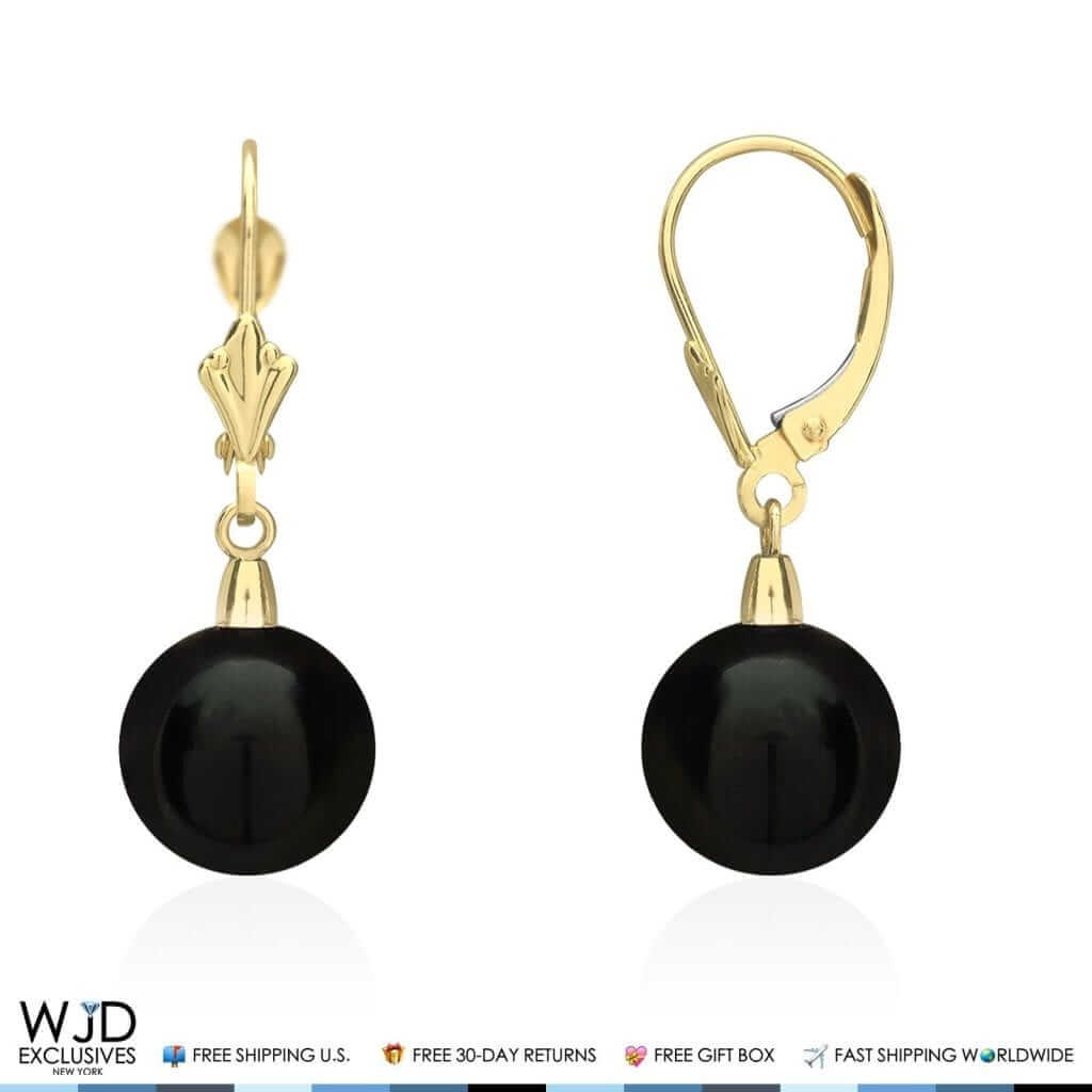 6mm-10mm Diameter Ball Shaped Onyx Dangle Leverback Earrings 14K Yellow Gold