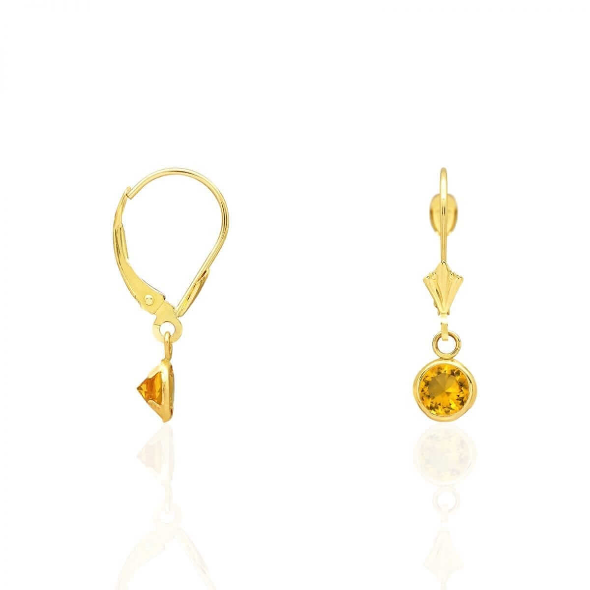 14k Yellow Gold Round Bezel Birthstone Drop Leverback Earrings