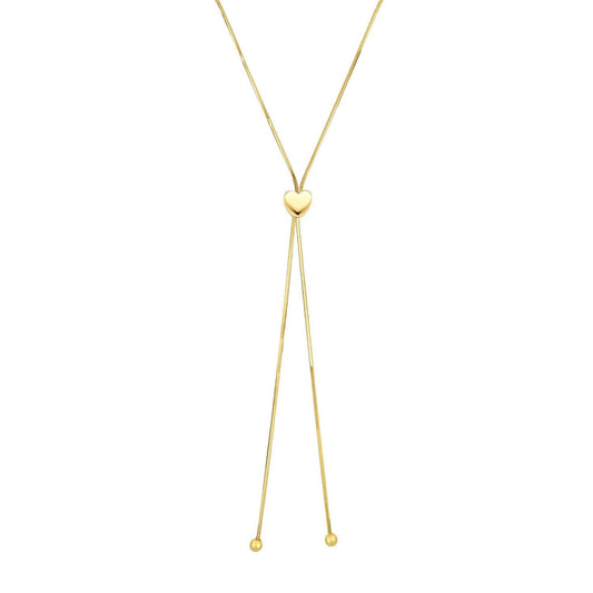 14K Yellow Gold Snake Slide Lariat Heart Necklace (Solid Links) Adjustable 14"-24"