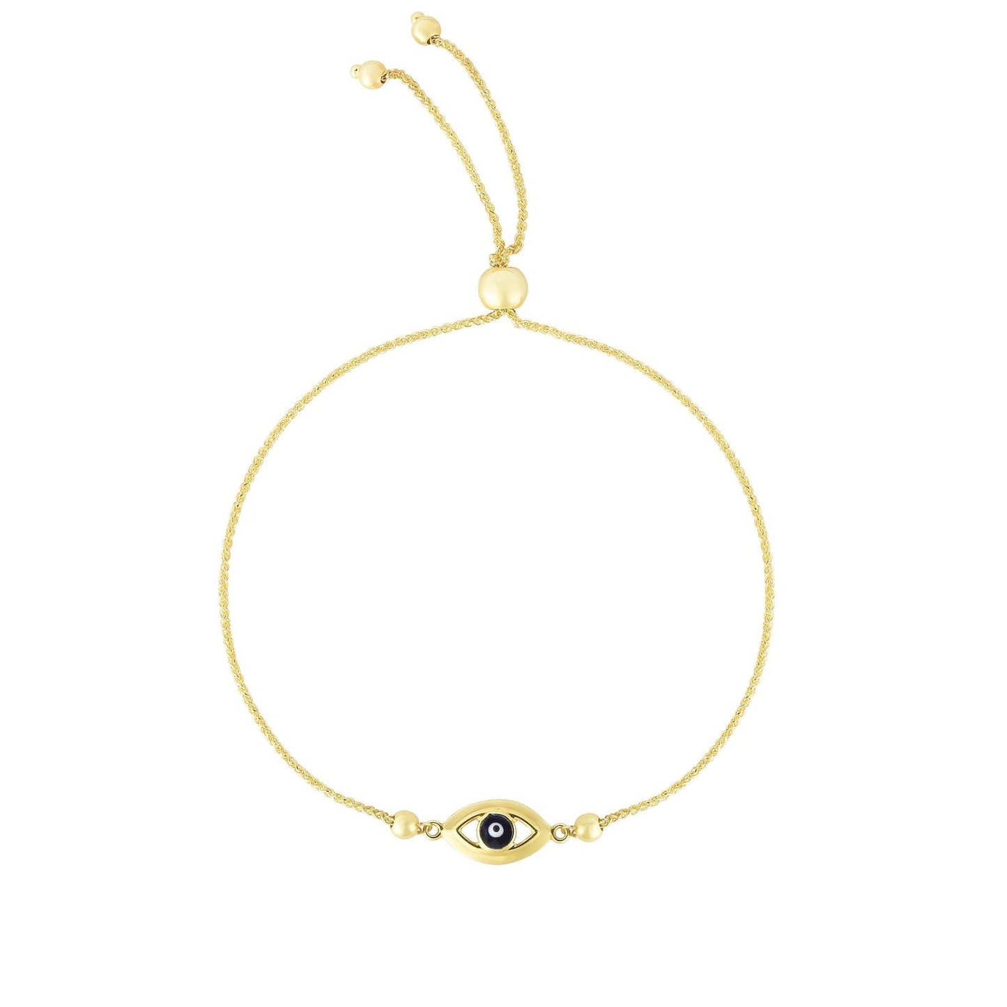 14K Yellow Gold Black Evil Eye Medallion Friendship Bolo Bracelet 5"-9.25" Adjustable