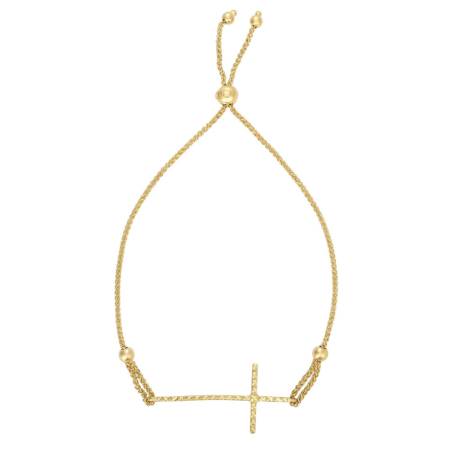 14K Gold Yellow Diamond-Cut Friendship Bolo Cross Bracelet Adjustable