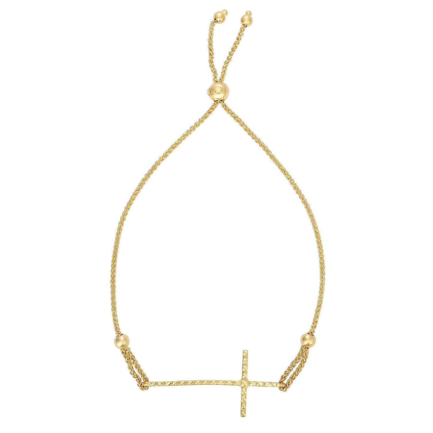 14K Yellow Gold Diamond-Cut Friendship Bolo Cross Bracelet 5"-9.25" Adjustable