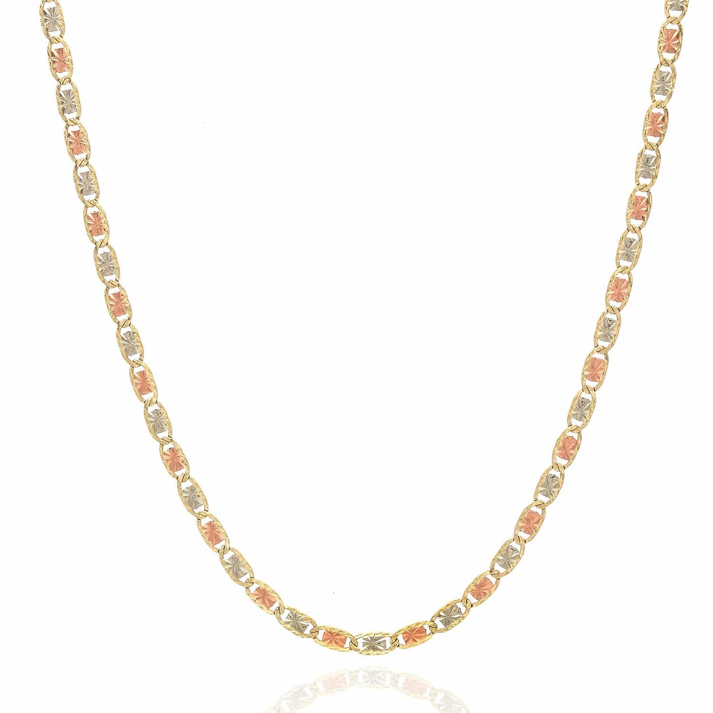 Solid 14K Real Gold Tri-Color 2mm Diamond-Cut Valentino Chain Necklace 16"-20"