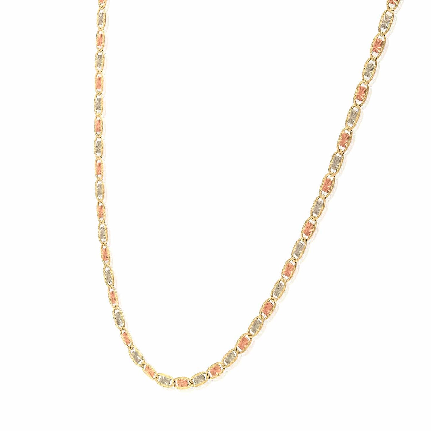 Solid 14K Real Gold Tri-Color 2mm Diamond-Cut Valentino Chain Necklace 16"-20"