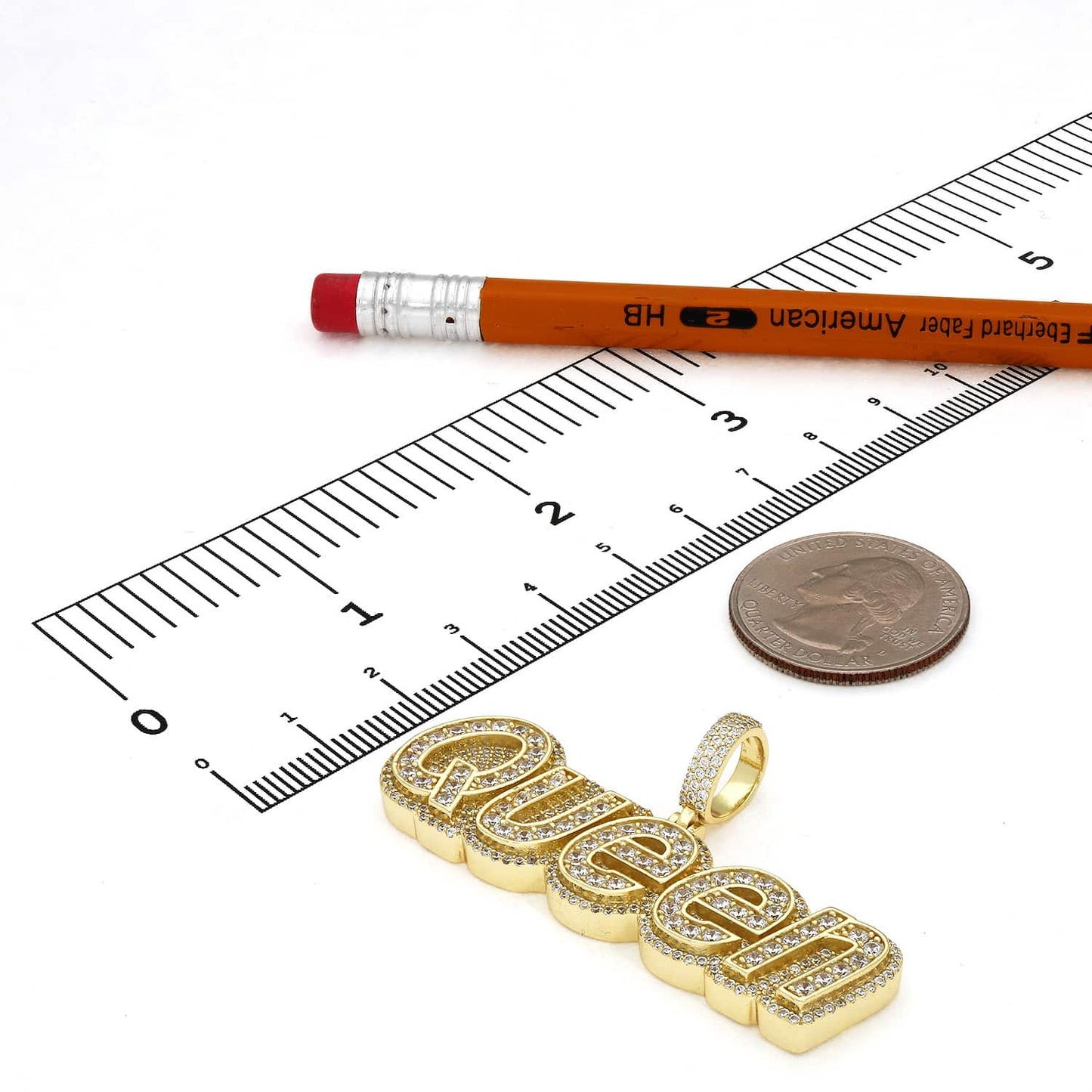 18K Yellow Gold Over Silver CZ Pave QUEEN Pendant