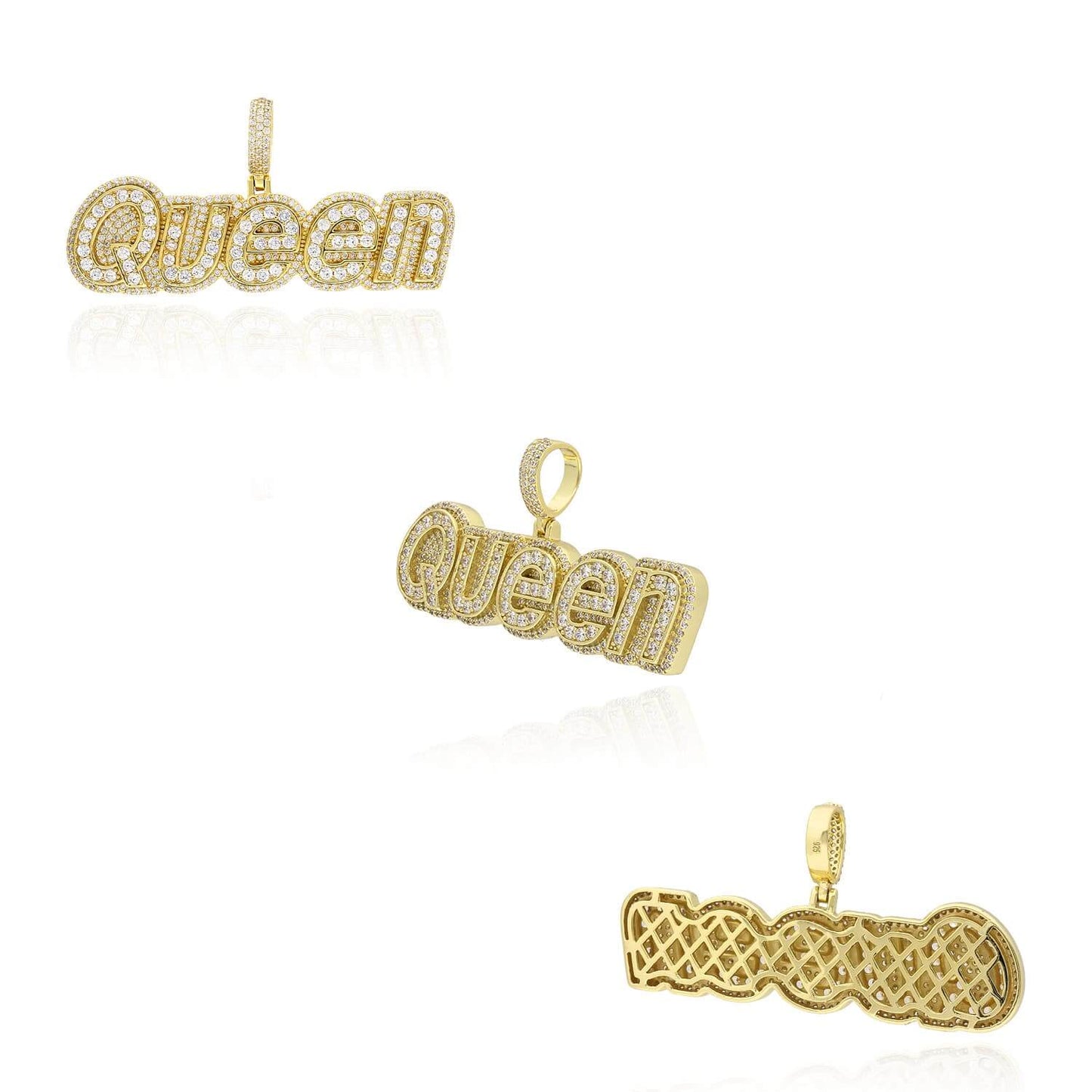 18K Yellow Gold Over Silver CZ Pave QUEEN Pendant