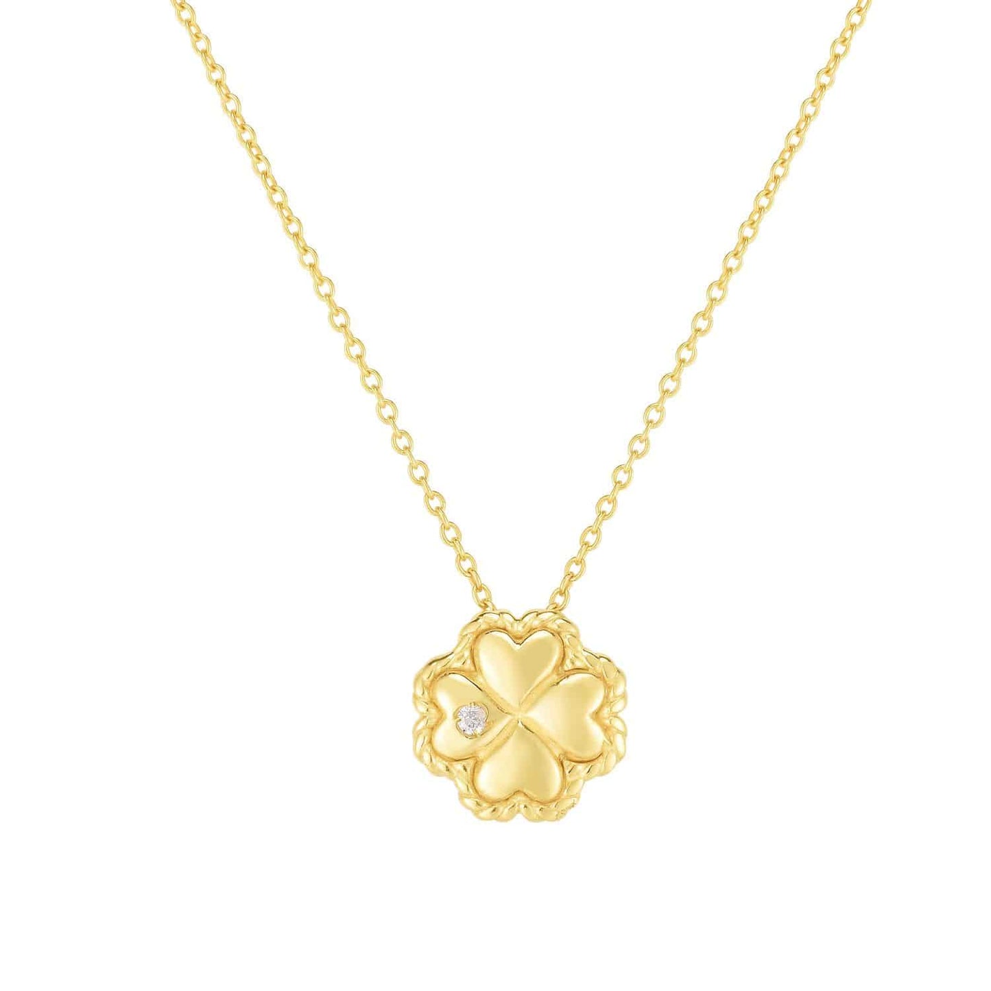 Real Diamond 14K Gold Twisted Rope Clover Pendant Necklace 16"-18" Adj