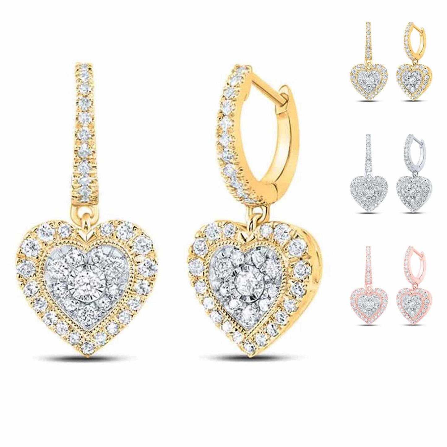 .65CTW Real Diamond 10K Gold Yellow White Rose Drop Heart Earrings