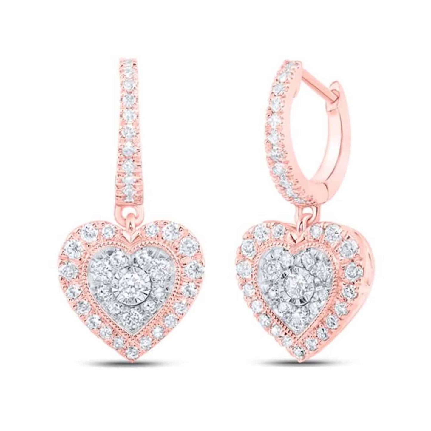 .65CTW Real Diamond 10K Gold Yellow White Rose Drop Heart Earrings