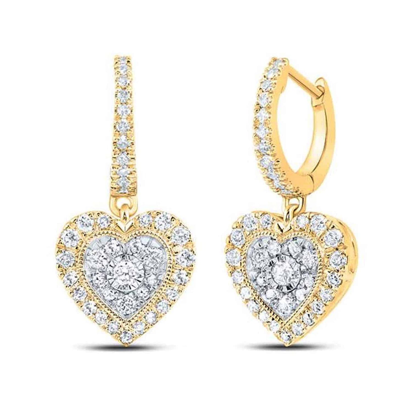.65CTW Real Diamond 10K Gold Yellow White Rose Drop Heart Earrings