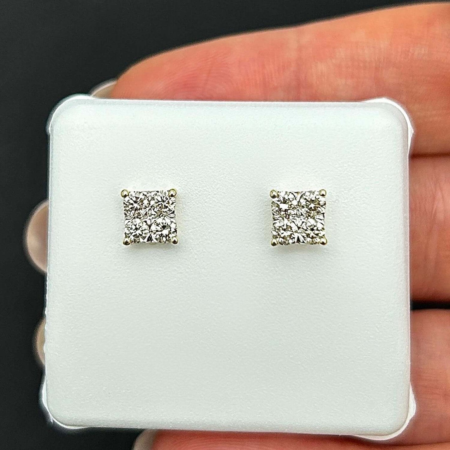 .60CTW Real Round 10K Gold Yellow White Diamond Square Earrings