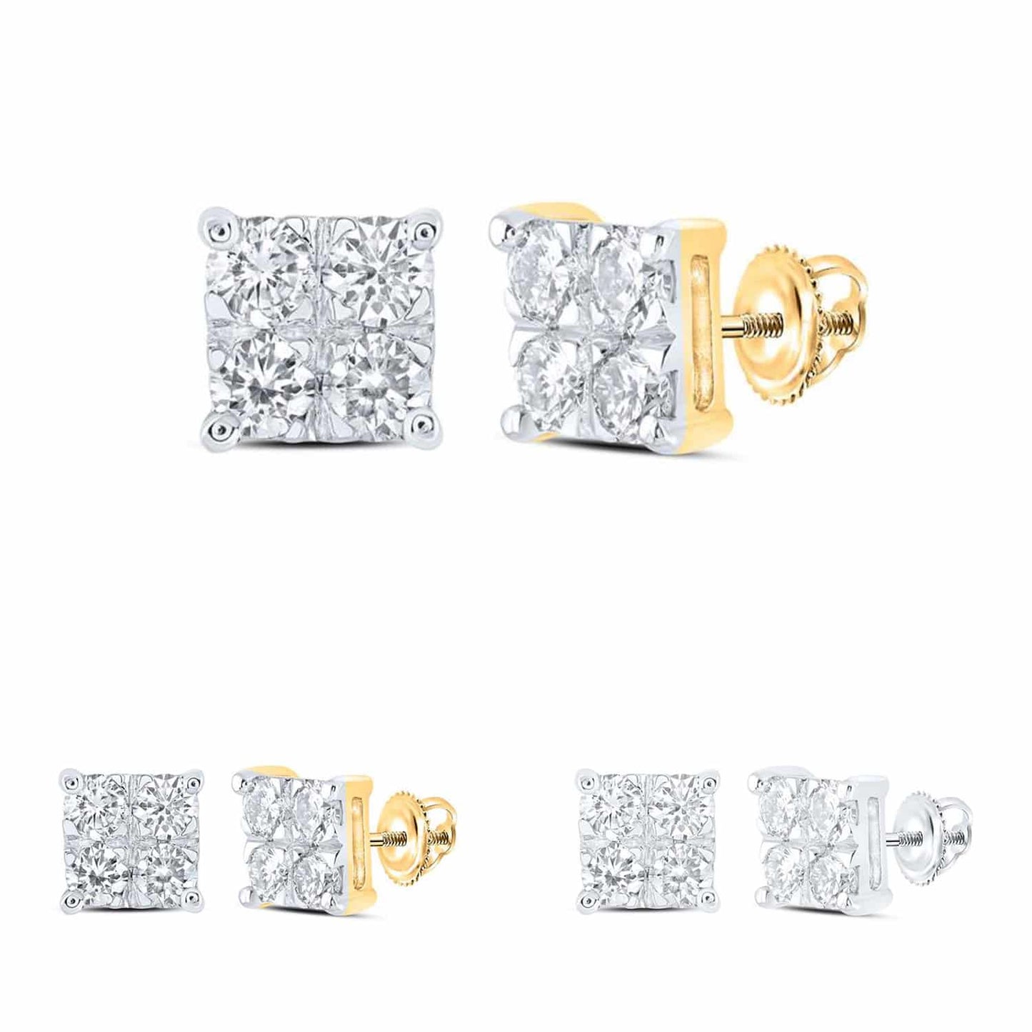 .60CTW Real Round 10K Gold Yellow White Diamond Square Earrings