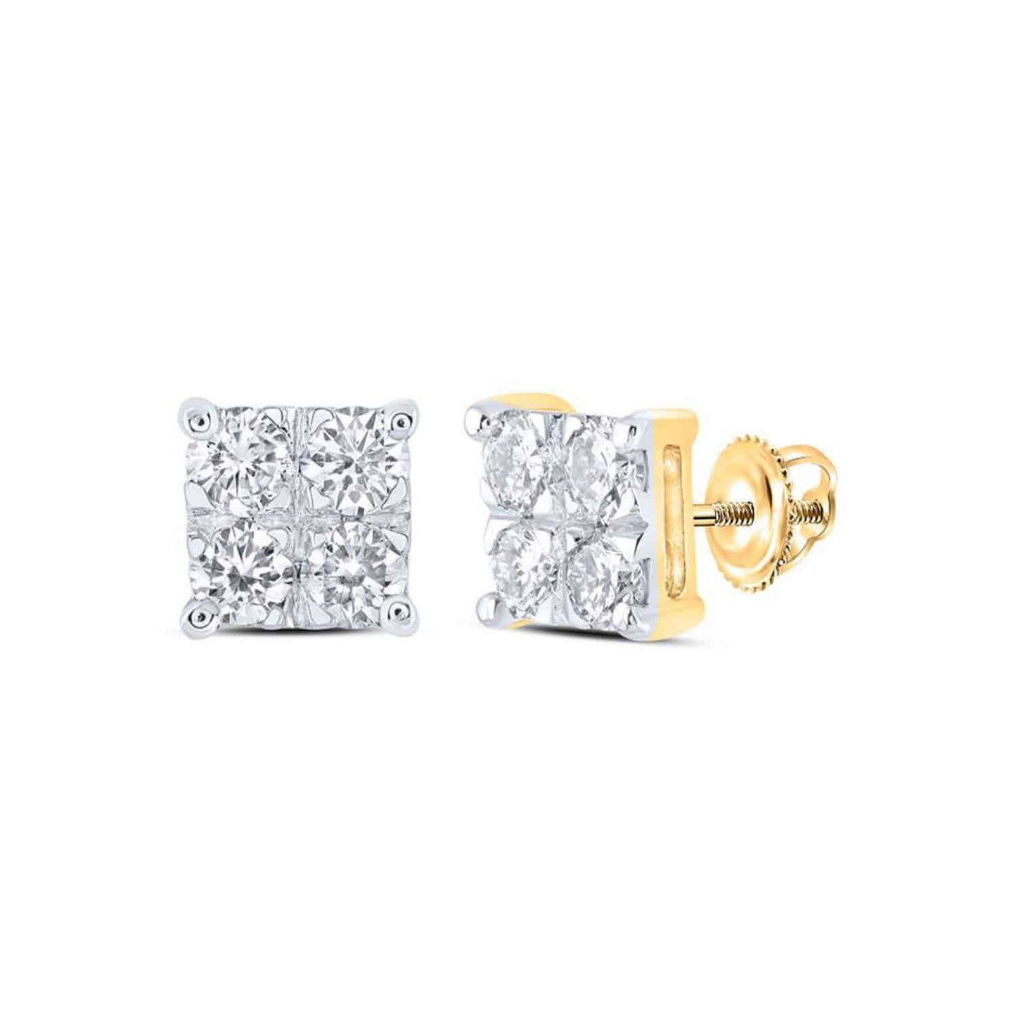 .60CTW Real Round 10K Gold Yellow White Diamond Square Earrings