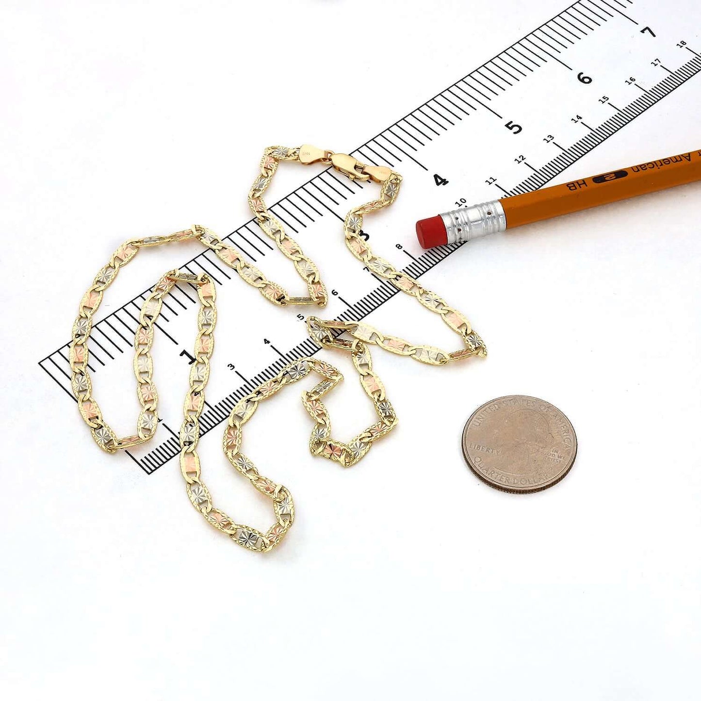 Solid 14K Gold Tri-Color 4mm Diamond-Cut Valentino Chain Necklace 18"-24"