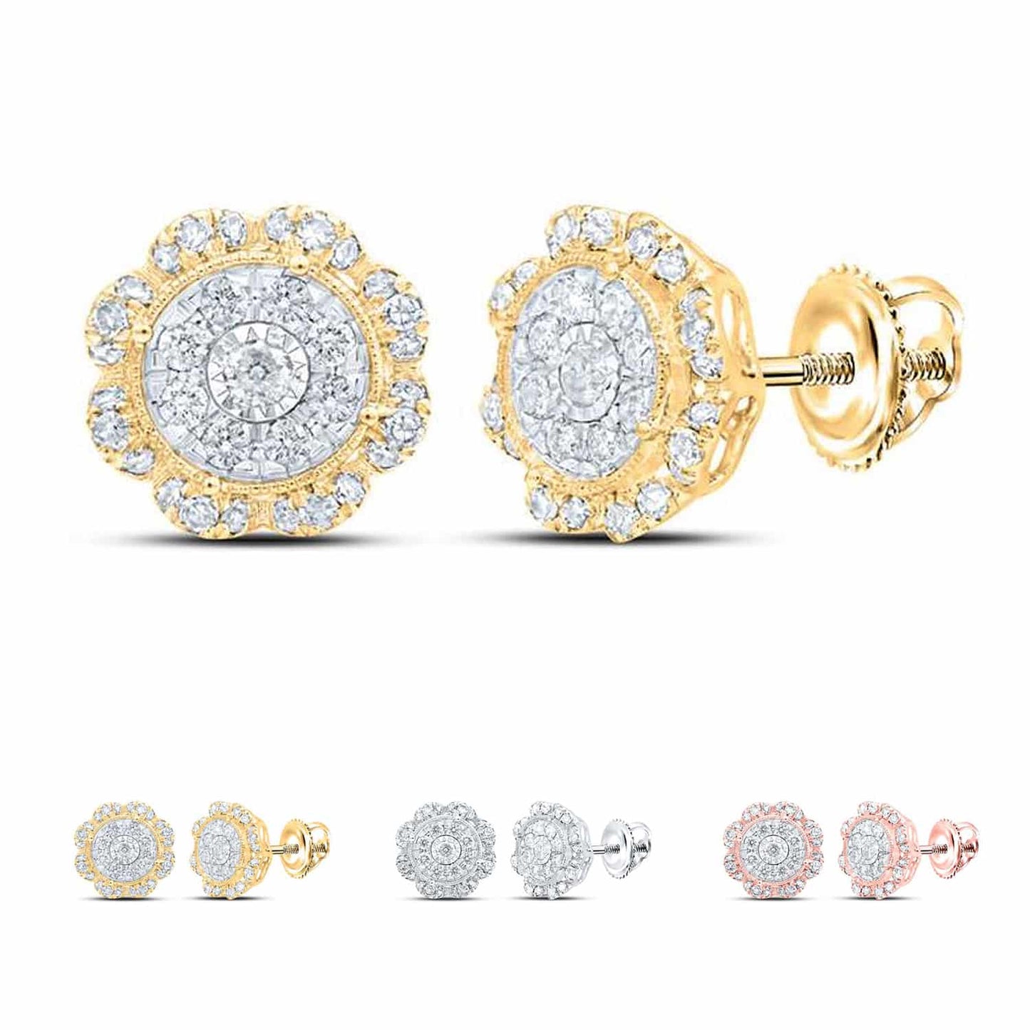 0.65CTW Real Diamond 10K Gold Round Cluster Stud Earrings