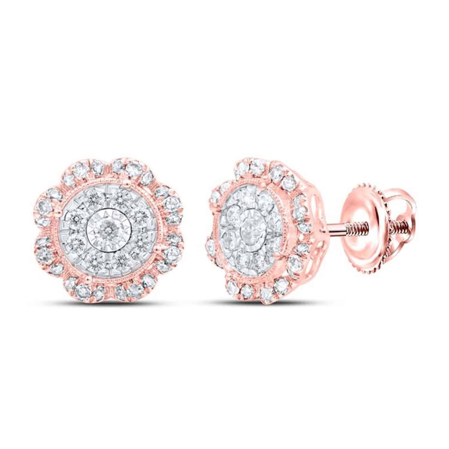 0.65CTW Real Diamond 10K Gold Round Cluster Stud Earrings