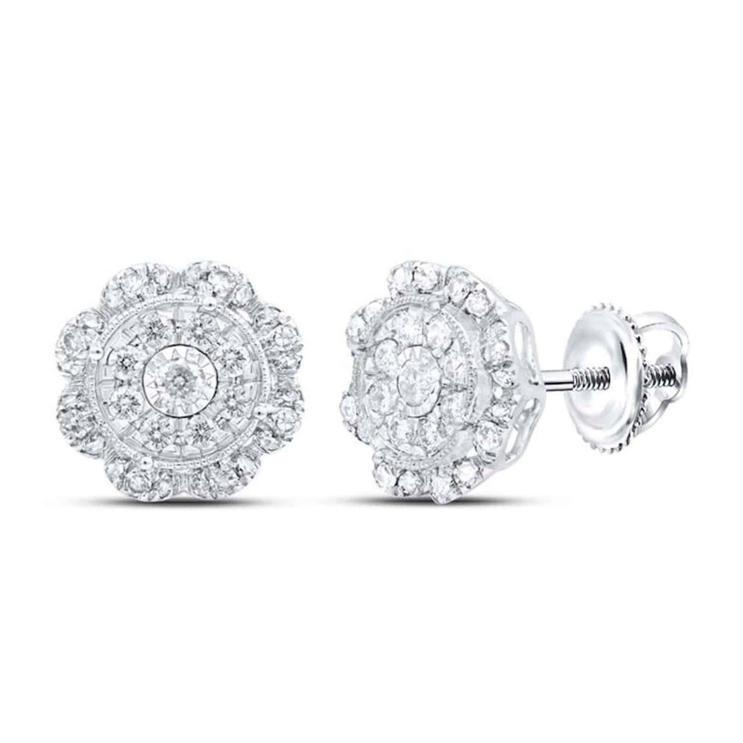 0.65CTW Real Diamond 10K Gold Round Cluster Stud Earrings
