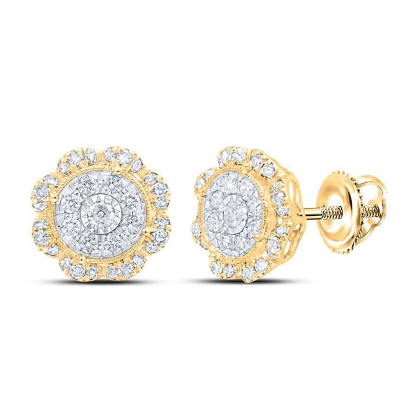 0.65CTW Real Diamond 10K Gold Round Cluster Stud Earrings