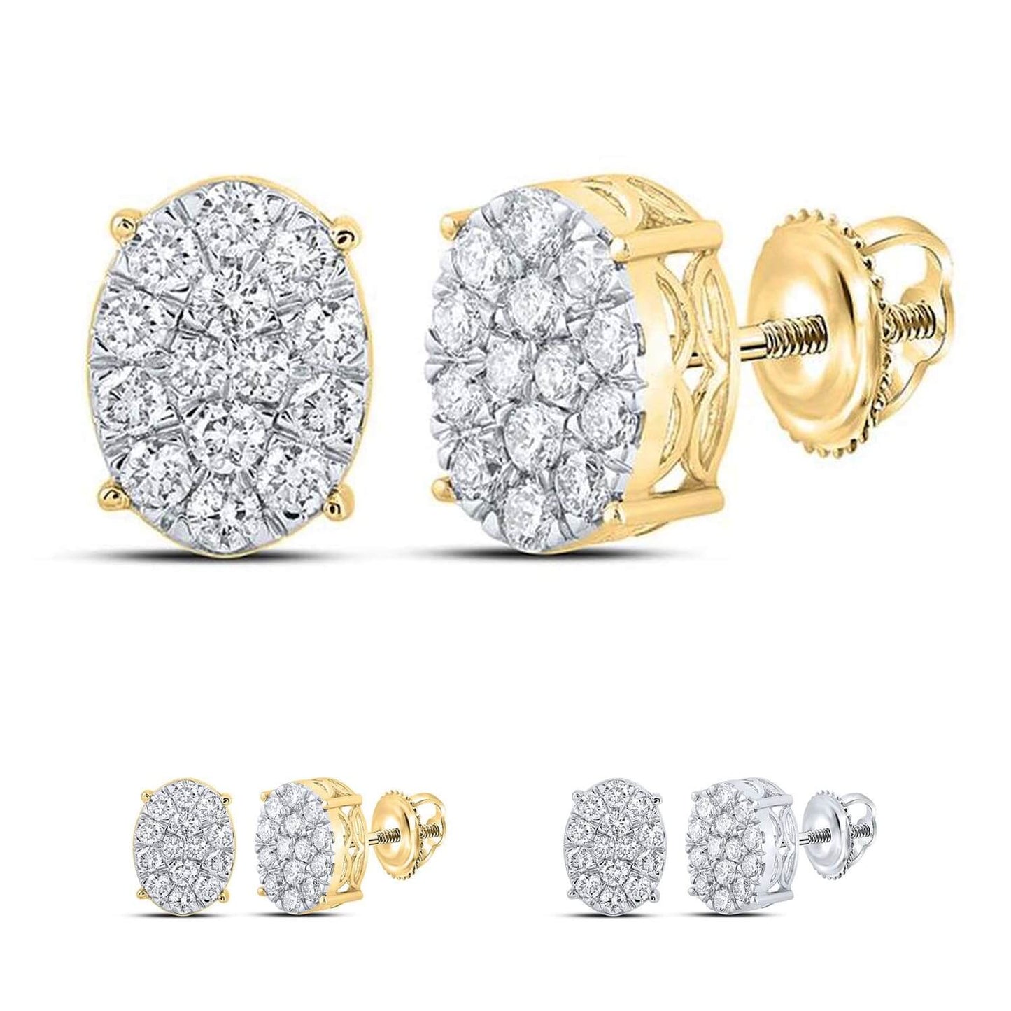 0.85CTW Real Diamond 10K Gold Yellow White Oval Cluster Stud Earrings