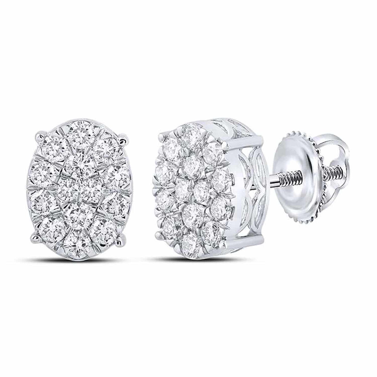 0.85CTW Real Diamond 10K Gold Yellow White Oval Cluster Stud Earrings