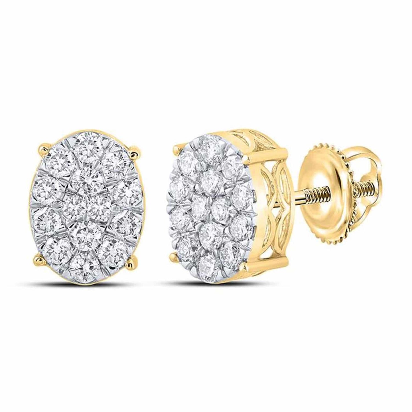 0.85CTW Real Diamond 10K Gold Yellow White Oval Cluster Stud Earrings