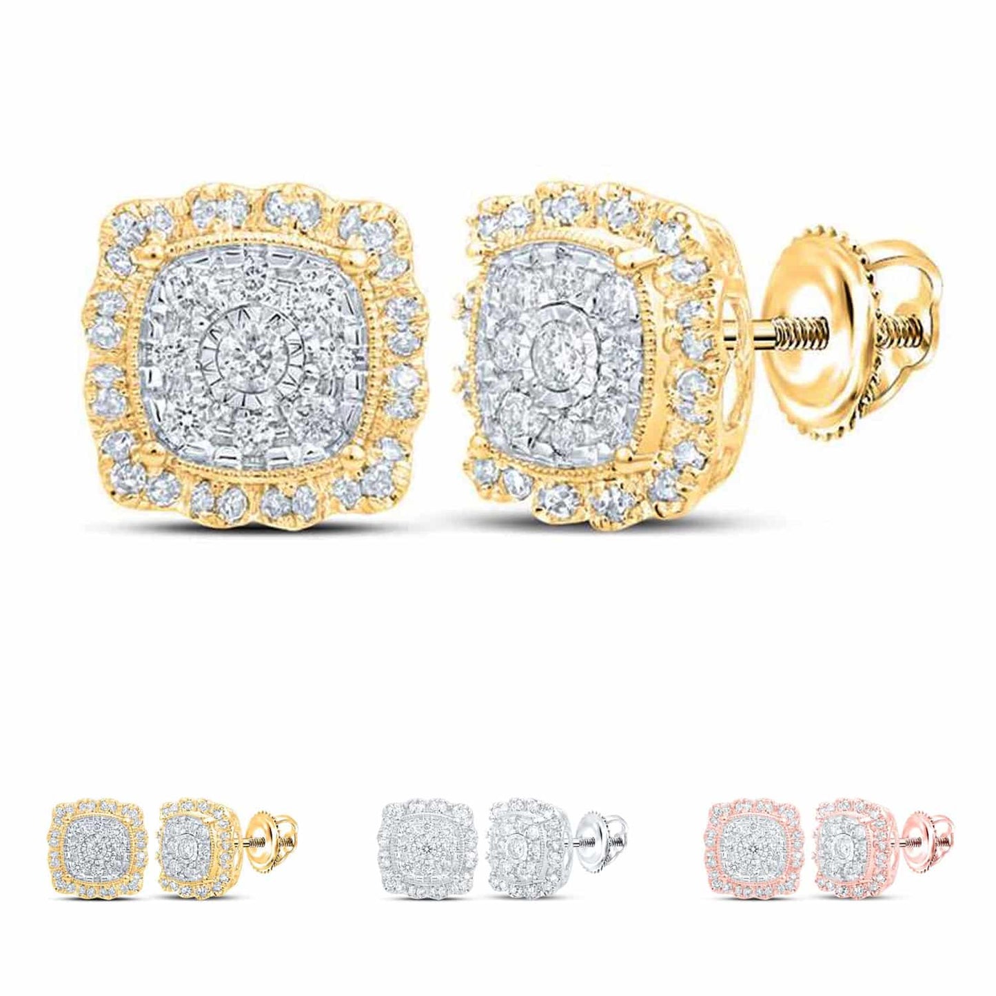 0.65CTW Real Diamond 10K Gold Round Cluster Square Stud Earrings