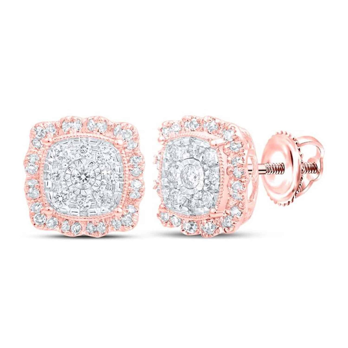 0.65CTW Real Diamond 10K Gold Round Cluster Square Stud Earrings