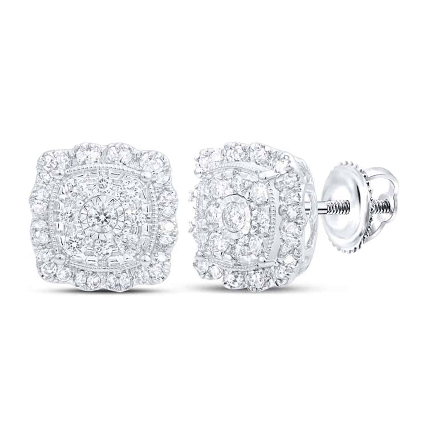 0.65CTW Real Diamond 10K Gold Round Cluster Square Stud Earrings