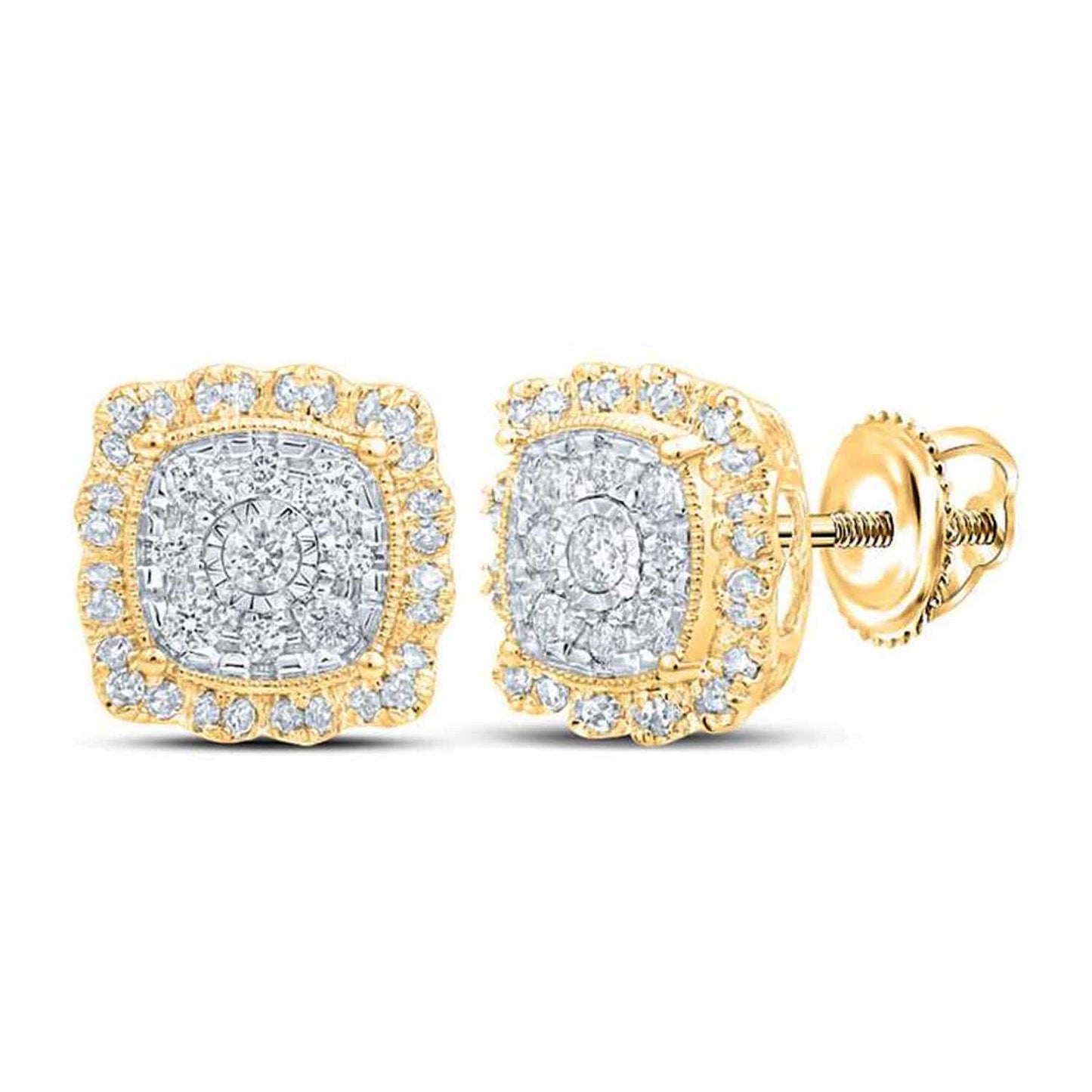 0.65CTW Real Diamond 10K Gold Round Cluster Square Stud Earrings