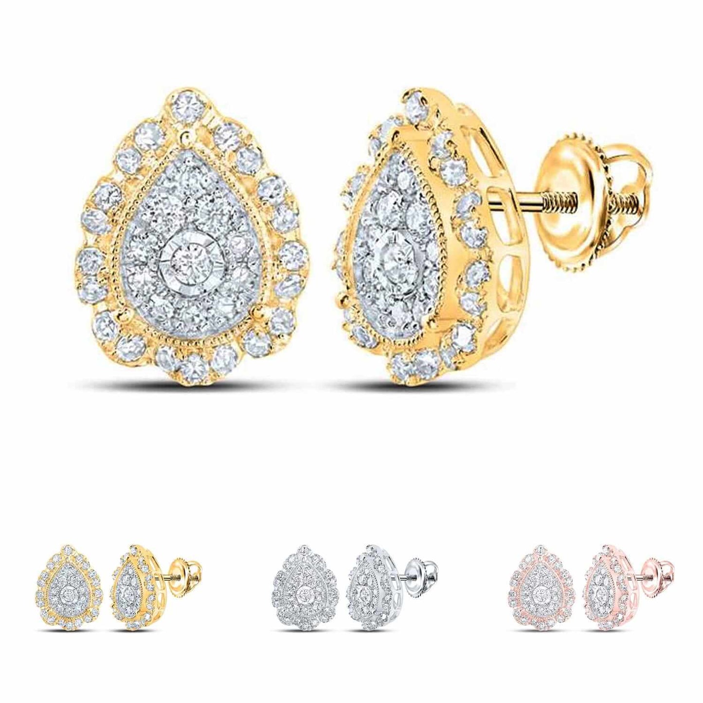 0.45CTW Real Diamond 10k Gold Round Teardrop Cluster Stud Earrings