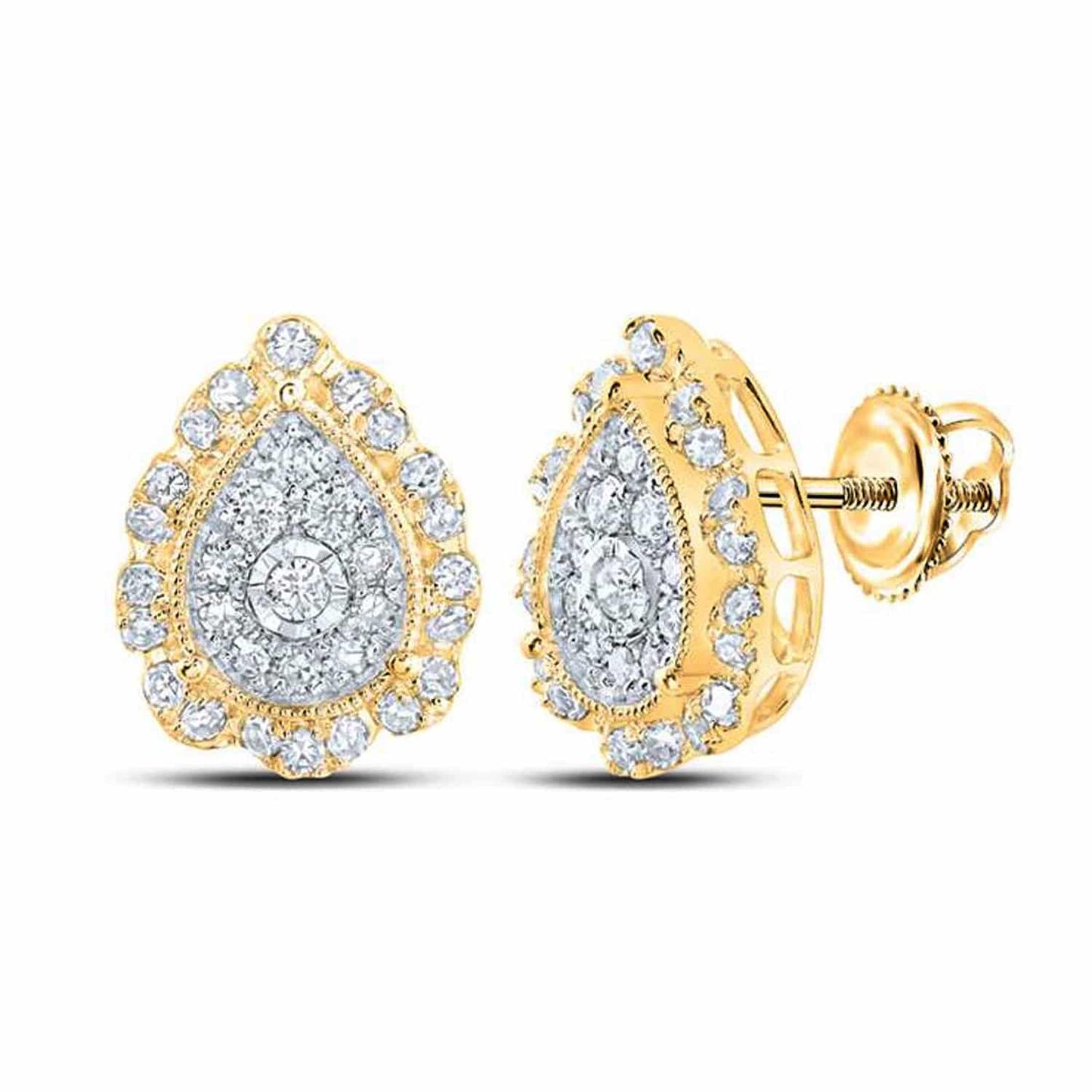 0.45CTW Real Diamond 10k Gold Round Teardrop Cluster Stud Earrings