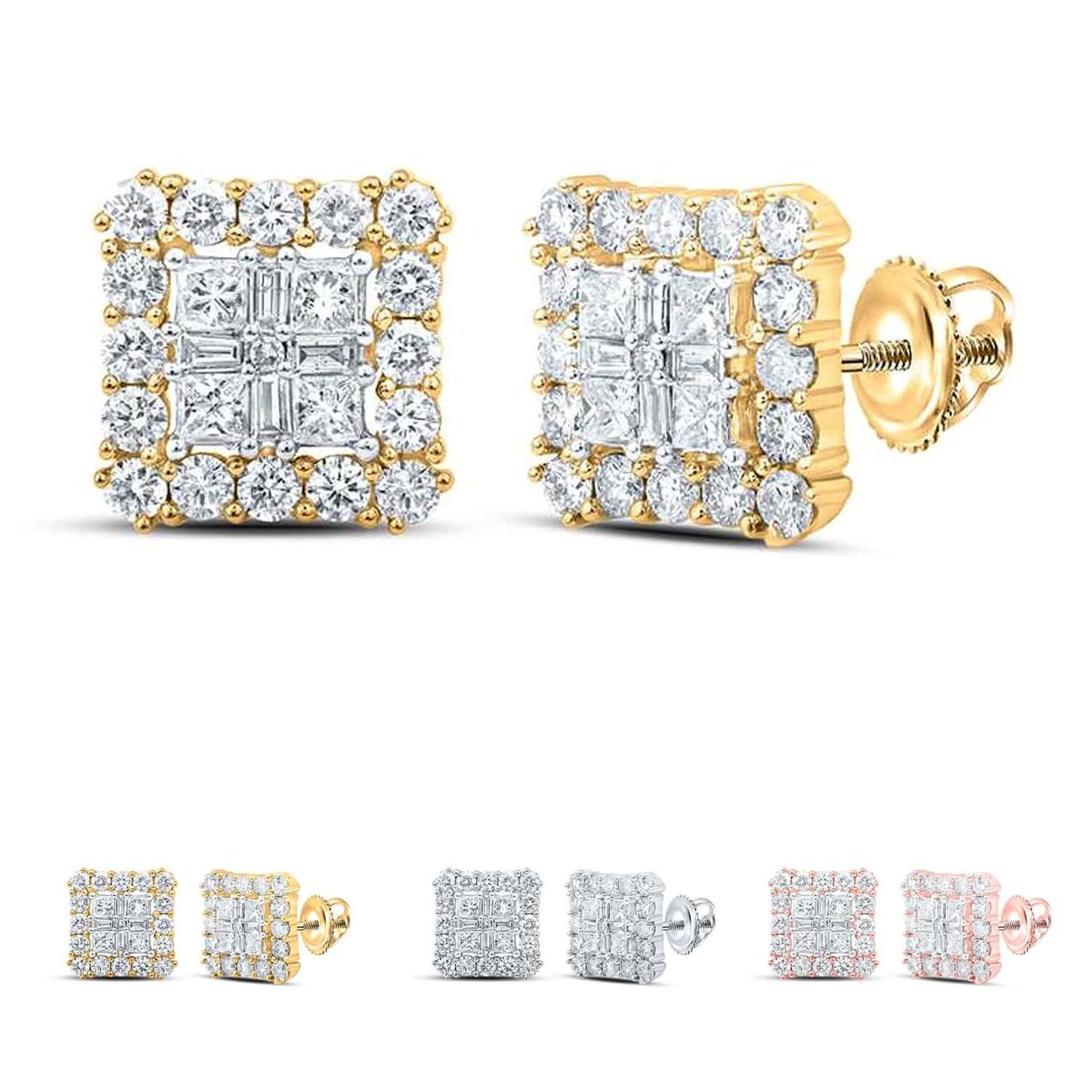 1.30CTW Real Diamond 10K Gold Round Baguette Princess Square Stud Earrings