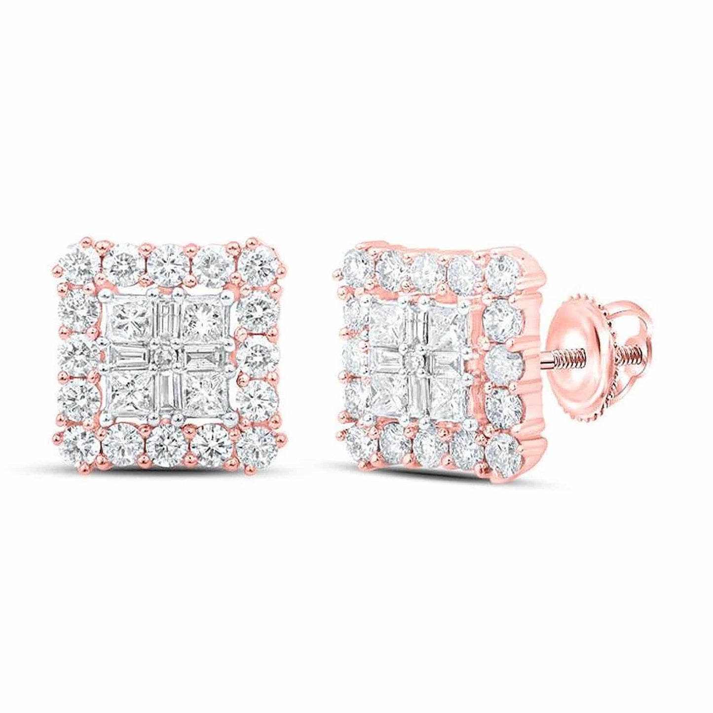1.30CTW Real Diamond 10K Gold Round Baguette Princess Square Stud Earrings