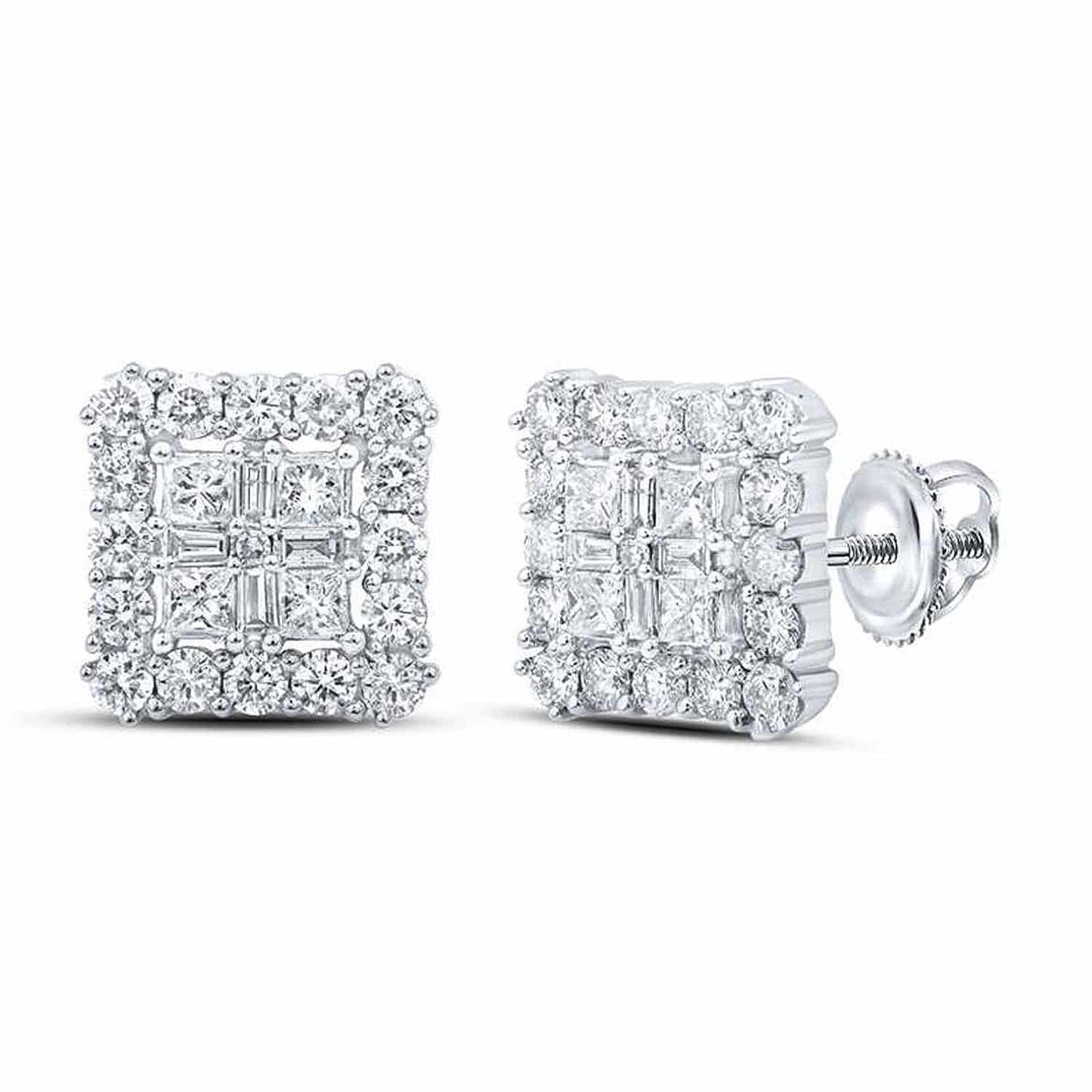 1.30CTW Real Diamond 10K Gold Round Baguette Princess Square Stud Earrings