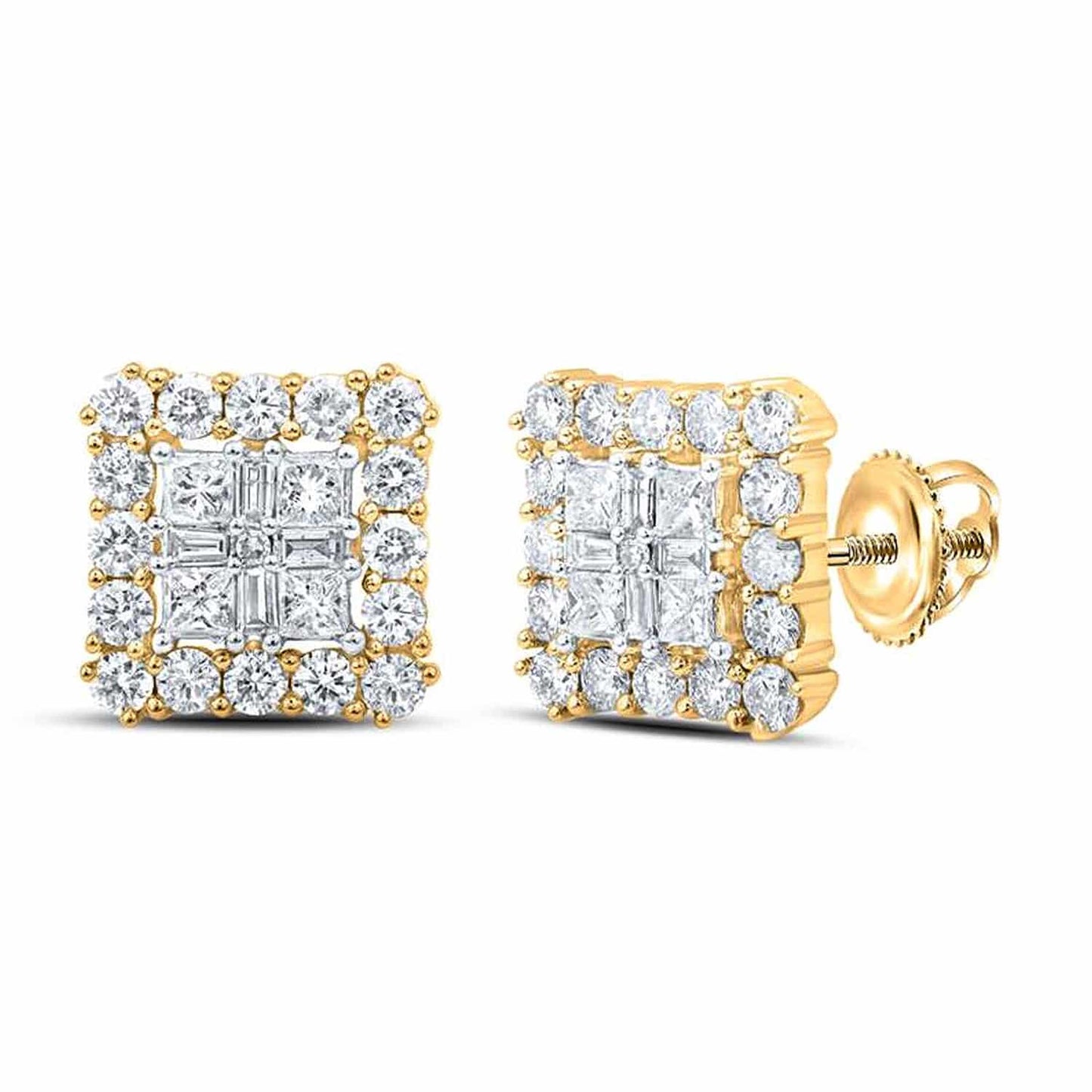 1.30CTW Real Diamond 10K Gold Round Baguette Princess Square Stud Earrings